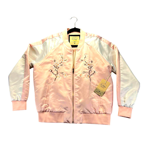 Ci Sono Womens Bomber Jacket Size Medium M Embroidered Pink Satin Coat - Picture 1 of 10